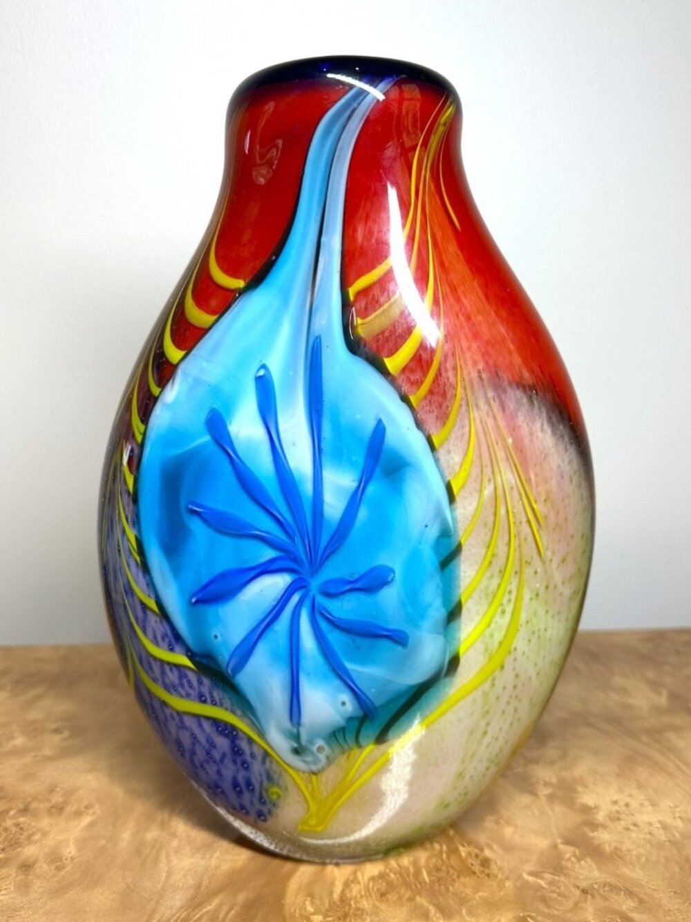Large Hand Blown Studio Art Glass Vase Sculptural Vessel Red Blue Yellow Black